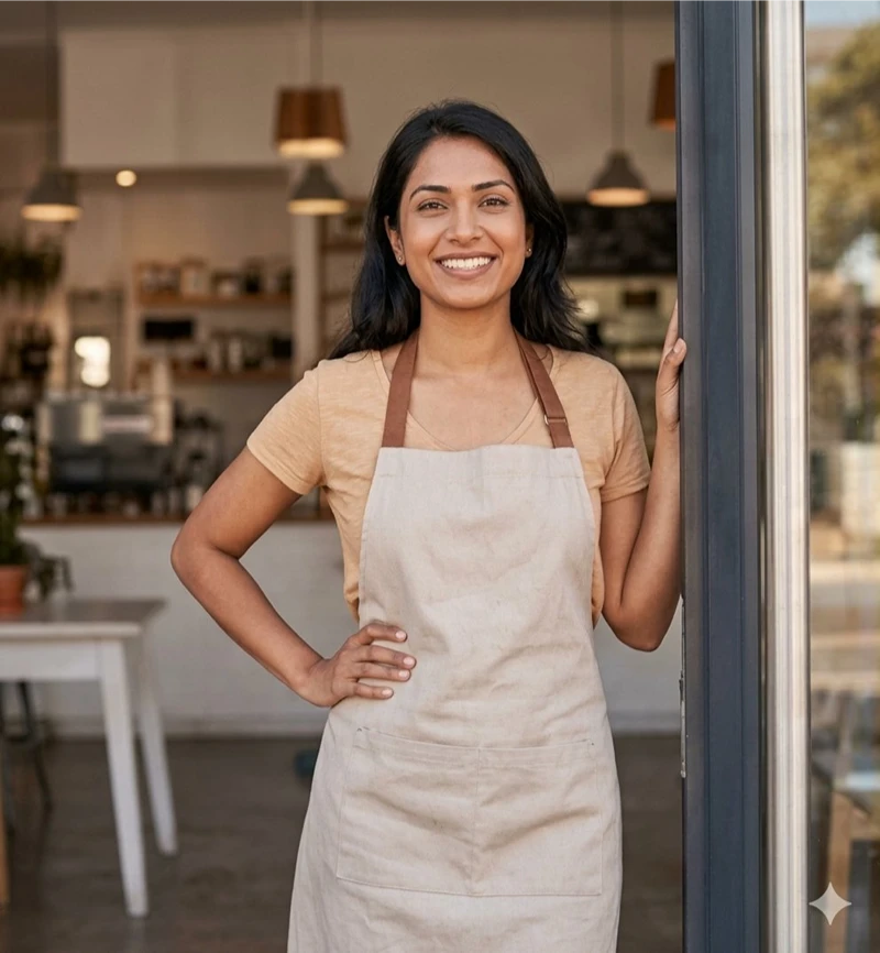 Smiling local business owner at her shop door
